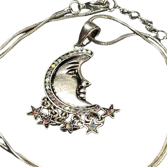 Beautiful moon with multicolored stones & dangly stars necklace on silver chain - Picture 7 of 12